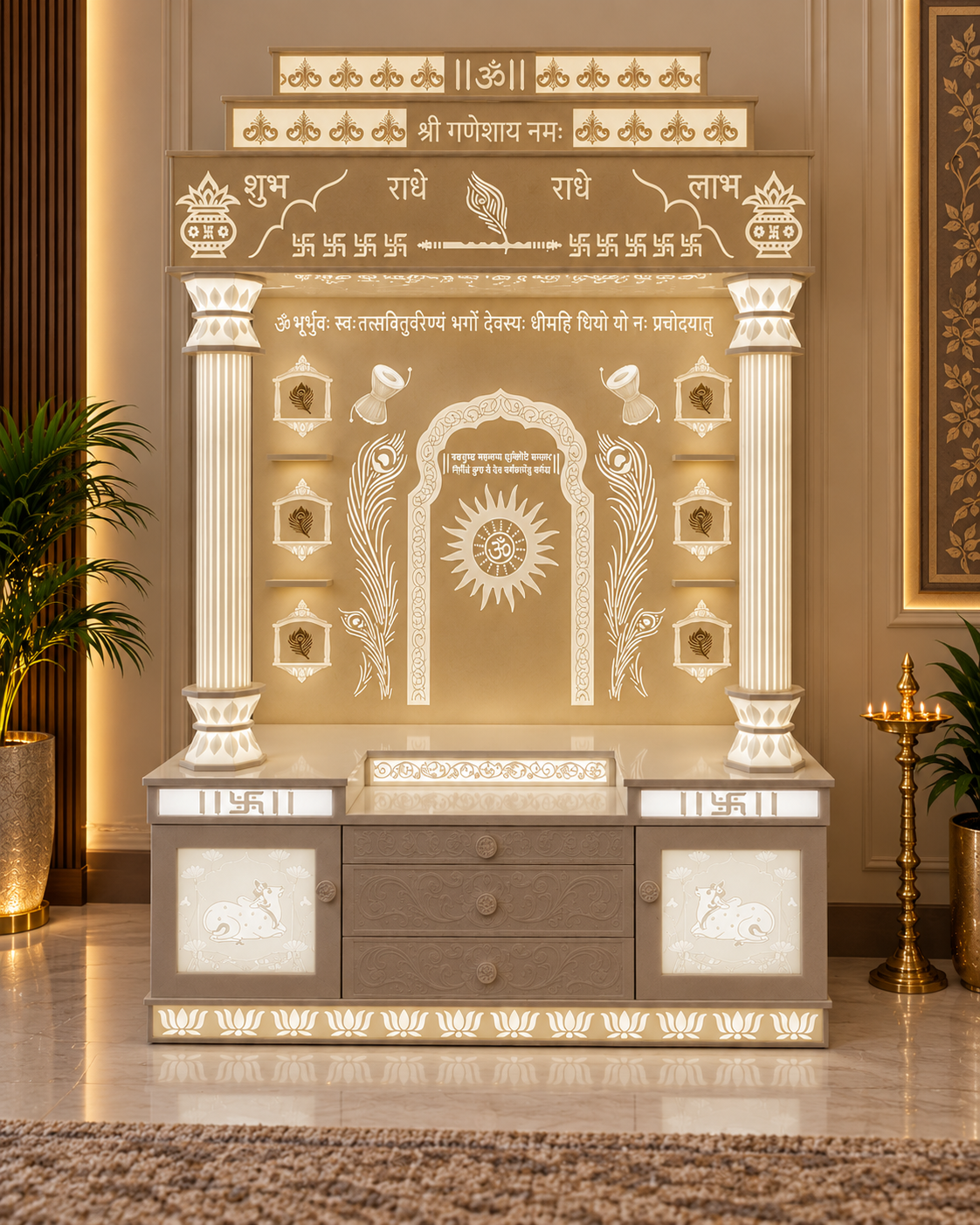 Front view of the 5 ft by 7 ft Bholenath Corian mandir with an Om sun motif, feather artwork and drawer storage