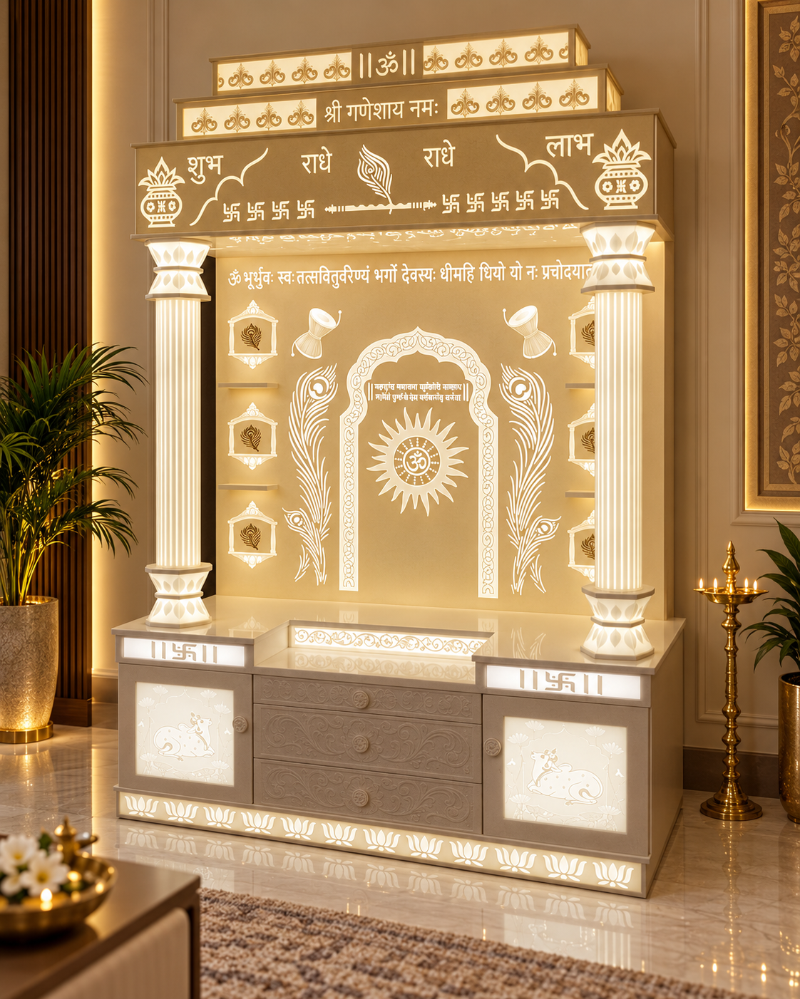 Bholenath Corian mandir with illuminated Damru pillars and carved storage in a luxury home setting