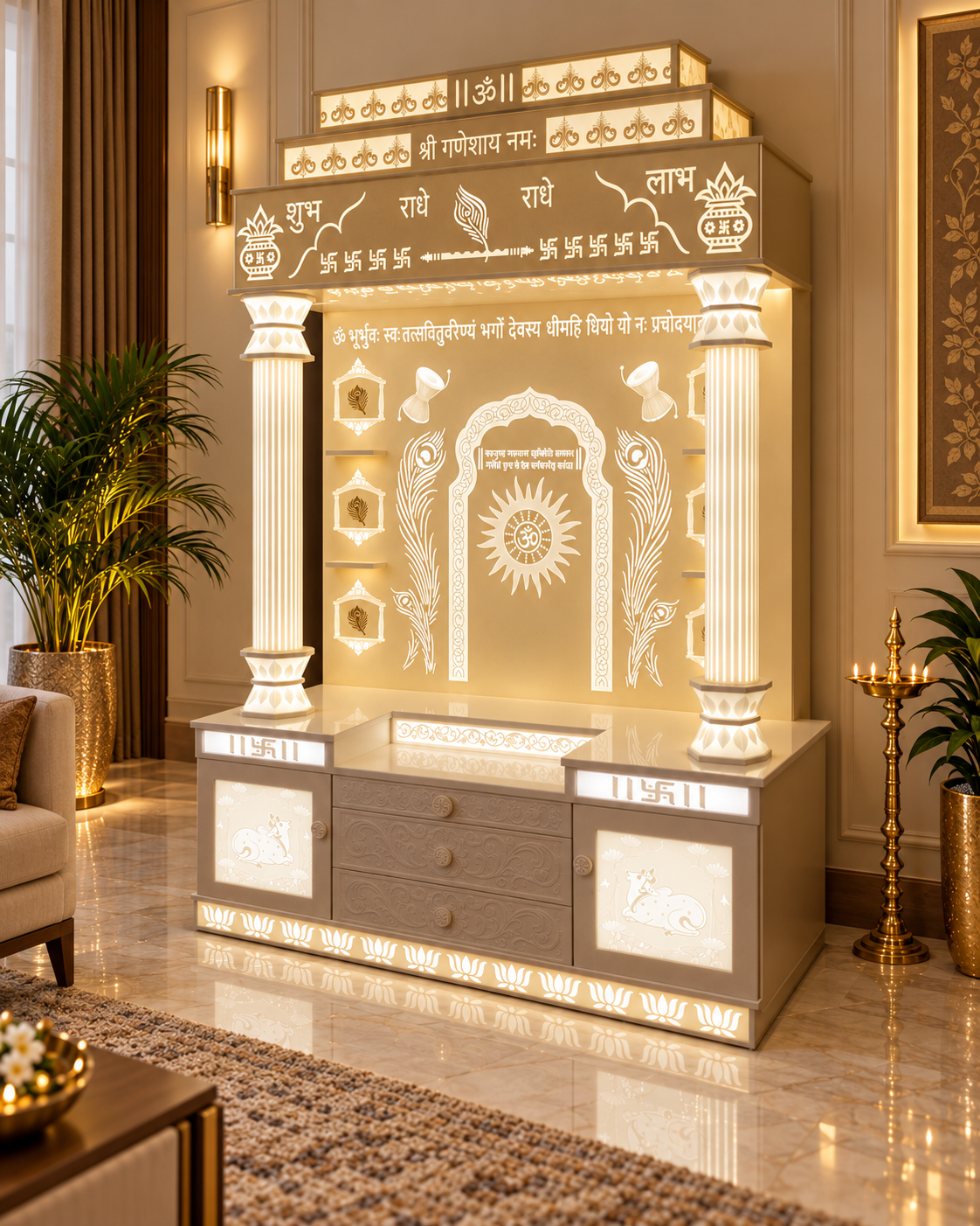 Right angle of the Bholenath Corian temple against a wall with warm backlighting and cupboard storage