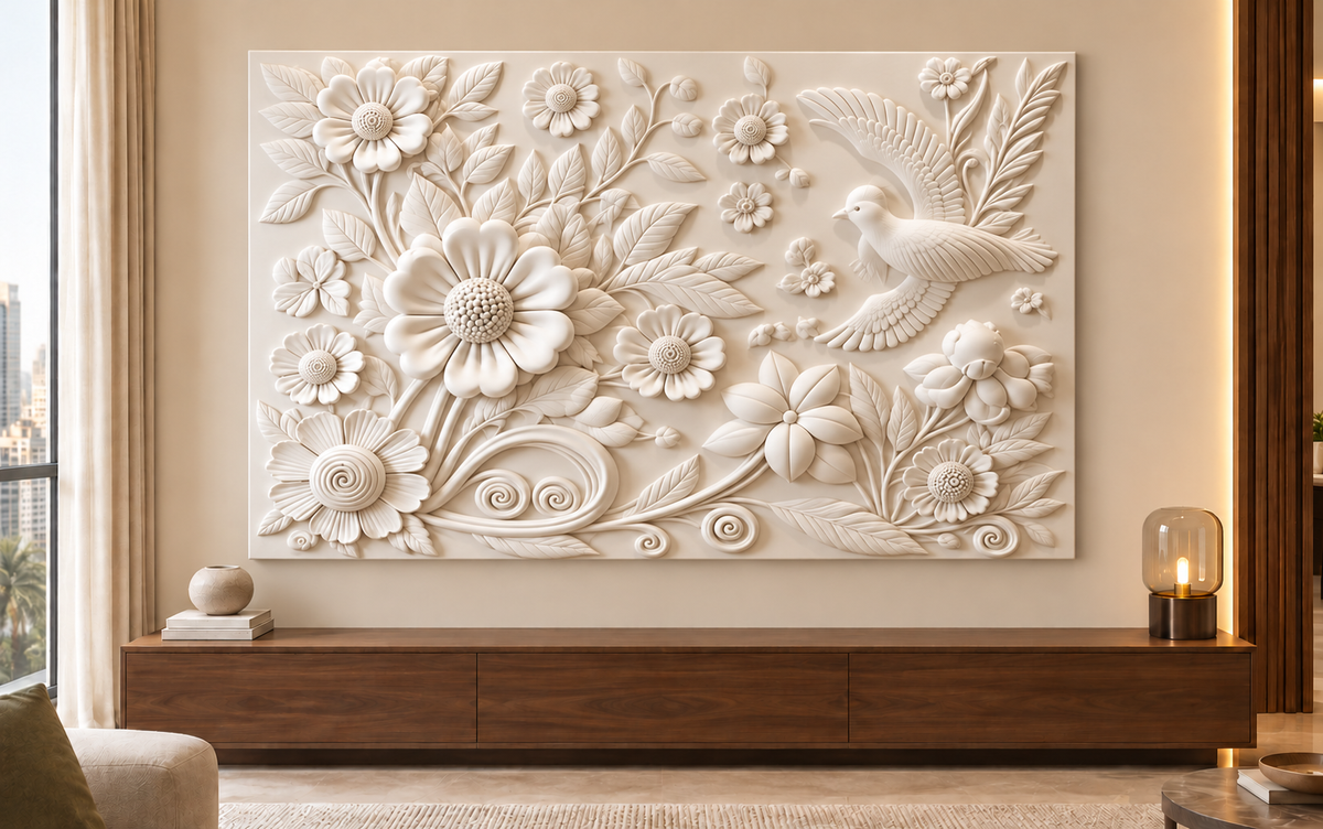 CWP-654 Bird and Blossom Scrollwork Corian Wall Panel, 4 ft wide x 2.5 ft high, front view in a Mumbai living room; AI-assisted concept visualisation