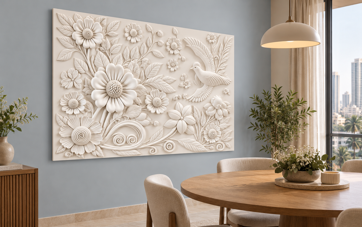 CWP-654 Bird and Blossom Scrollwork Corian Wall Panel, 4 ft wide x 2.5 ft high, left view in a Mumbai dining room; AI-assisted concept visualisation