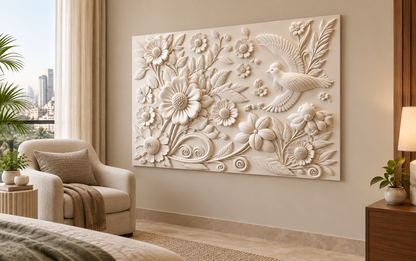 CWP-654 Bird and Blossom Scrollwork Corian Wall Panel, 4 ft wide x 2.5 ft high, right view in a Mumbai bedroom reading corner; AI-assisted concept visualisation