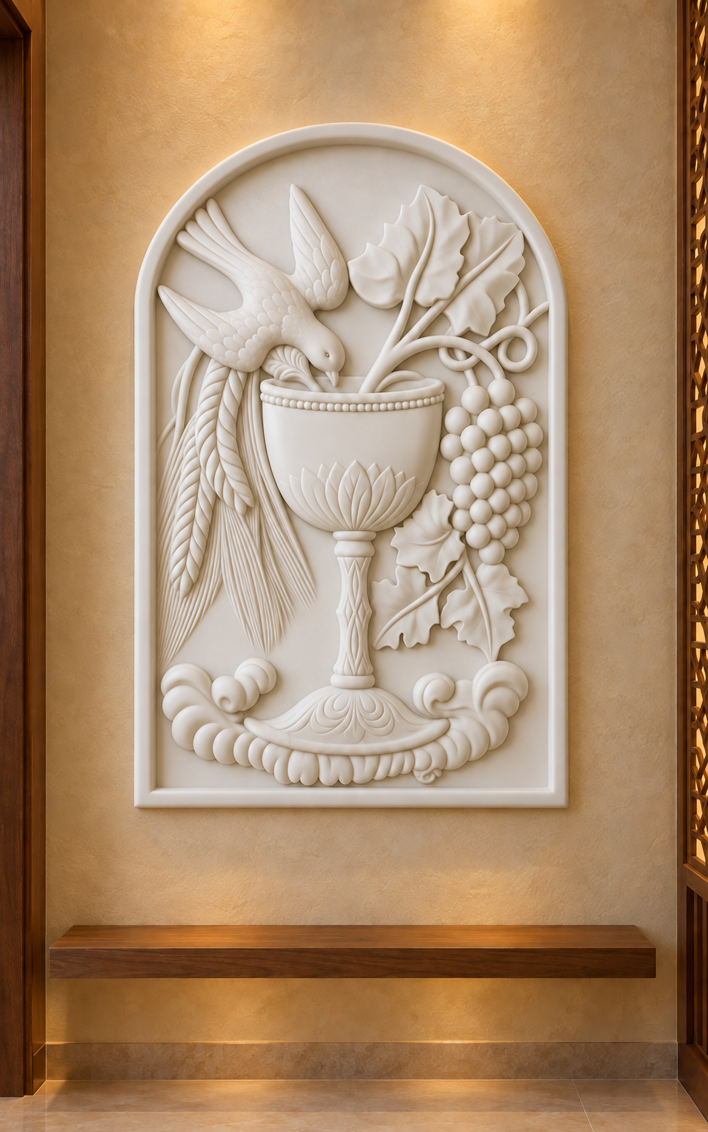 Bird and Chalice Harvest Corian wall panel, 2.5 x 4 ft, front view in home prayer room, 12-24 mm total depth