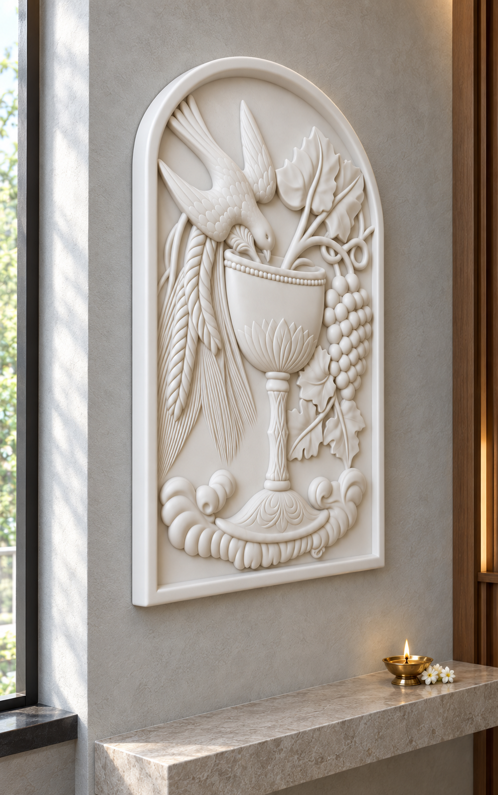 Bird and Chalice Harvest Corian wall panel, 2.5 x 4 ft, left view in devotional alcove, 12-24 mm total depth