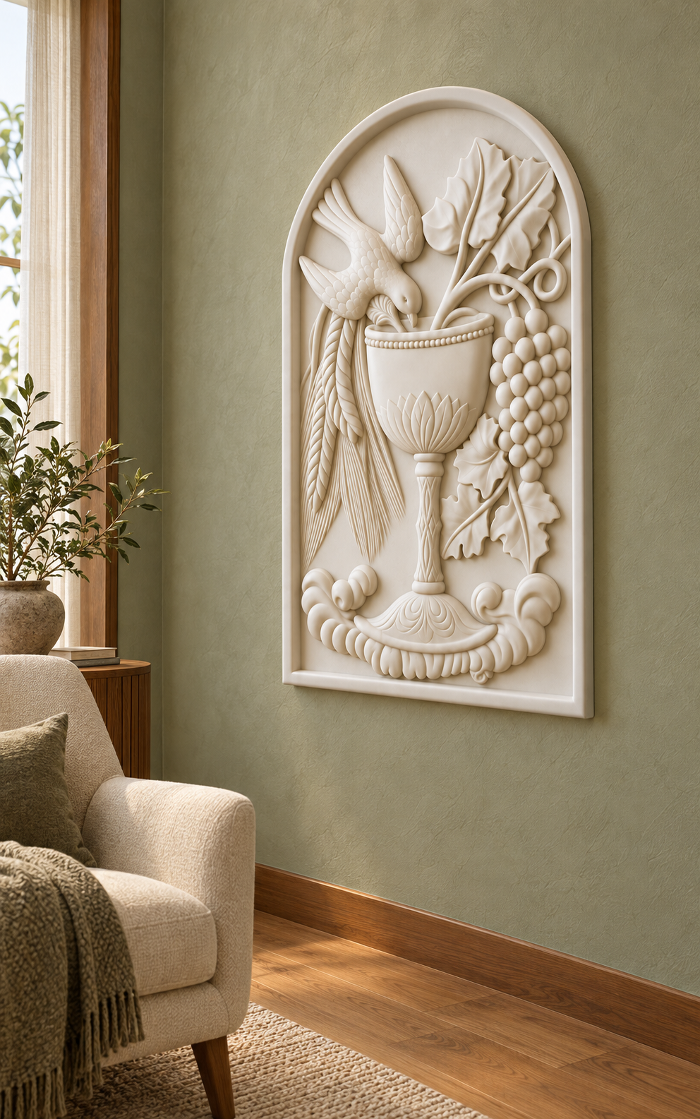 Bird and Chalice Harvest Corian wall panel, 2.5 x 4 ft, right view in quiet reflection room, 12-24 mm total depth
