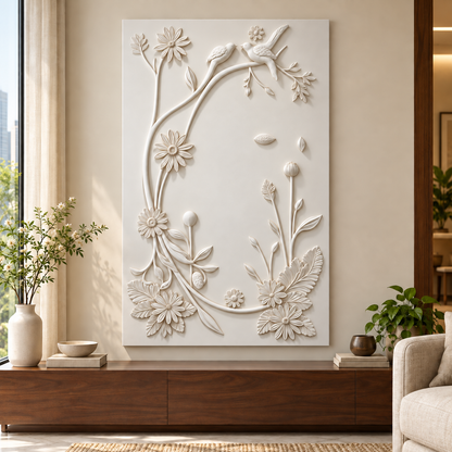Birdsong Floral Loop Corian wall panel, front view in a Mumbai family living room; AI-assisted concept visualisation