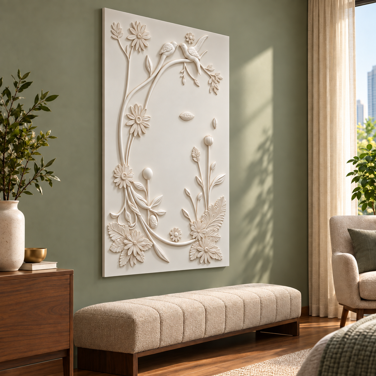 Birdsong Floral Loop Corian wall panel, left view in a Mumbai bedroom lounge; AI-assisted concept visualisation
