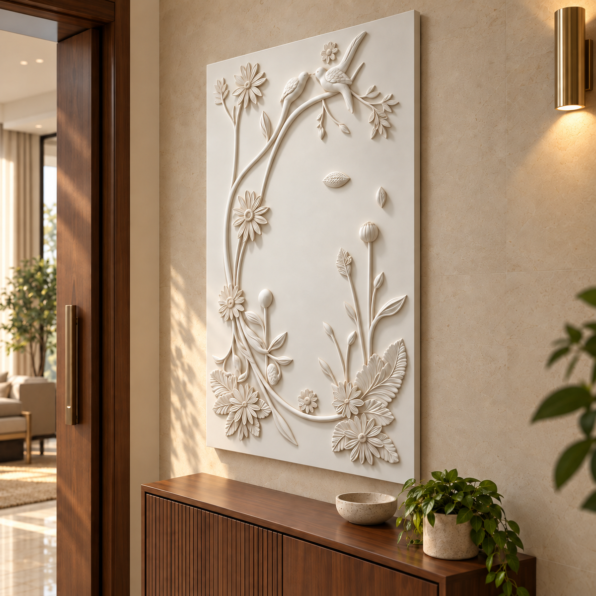 Birdsong Floral Loop Corian wall panel, right view in a Mumbai entrance foyer; AI-assisted concept visualisation