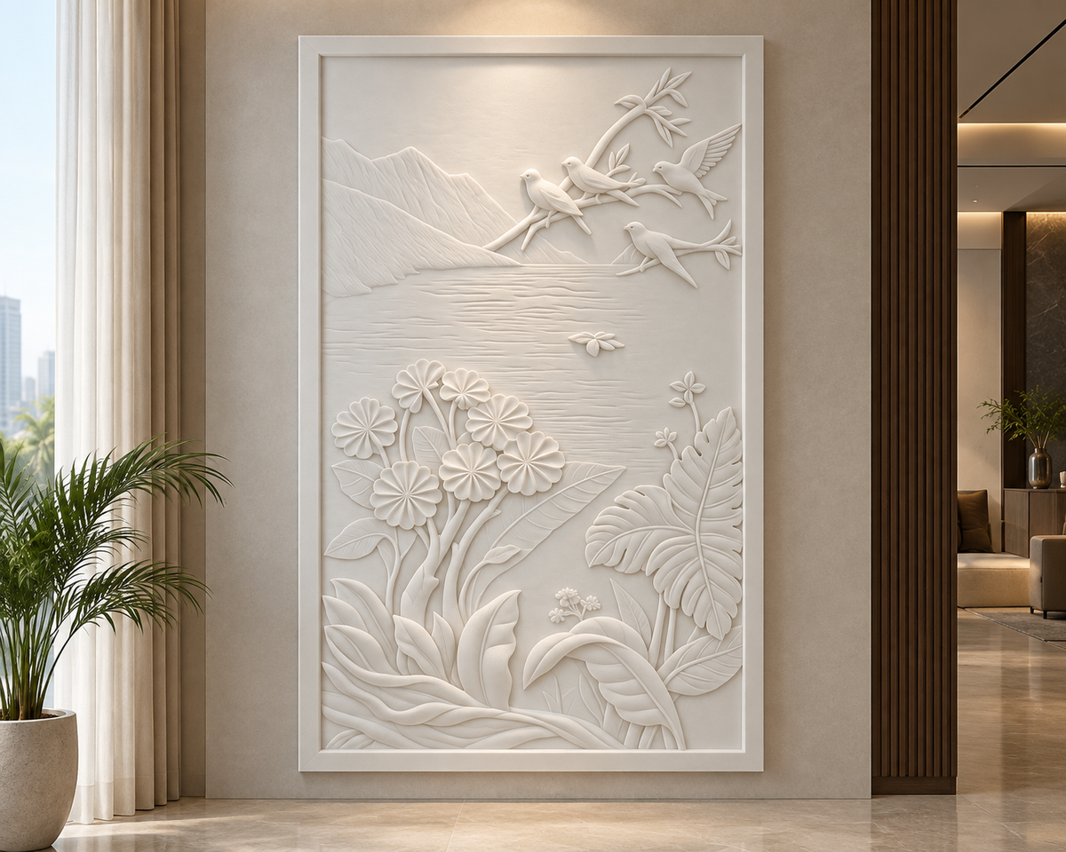 Birdsong Mountain Garden Corian Wall Panel CWP-431, front view in a luxury Mumbai living room feature wall; white Corian relief concept visualisation