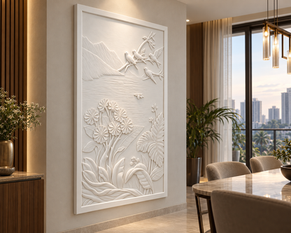 Birdsong Mountain Garden Corian Wall Panel CWP-431, left view in a luxury Mumbai dining room feature wall; white Corian relief concept visualisation