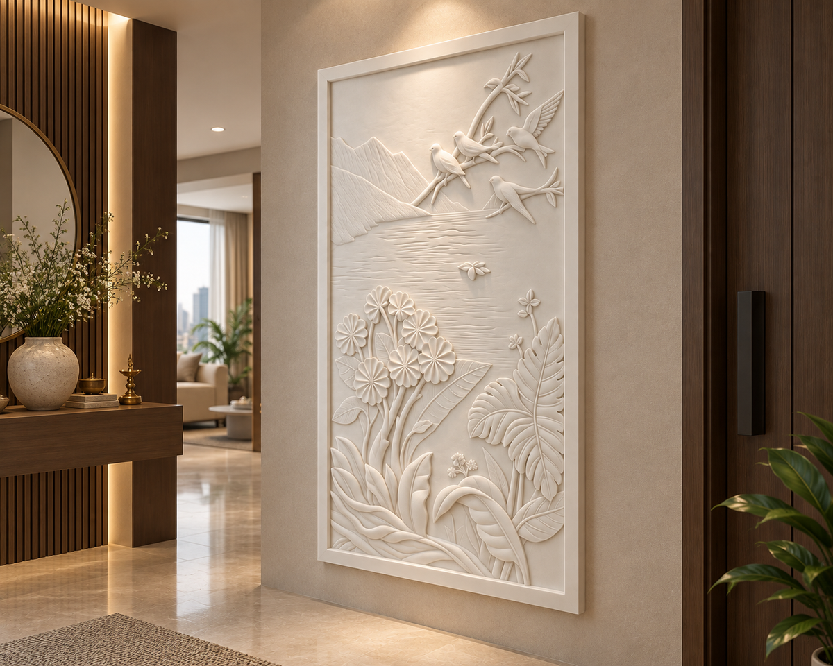Birdsong Mountain Garden Corian Wall Panel CWP-431, right view in a luxury Mumbai entrance gallery; white Corian relief concept visualisation