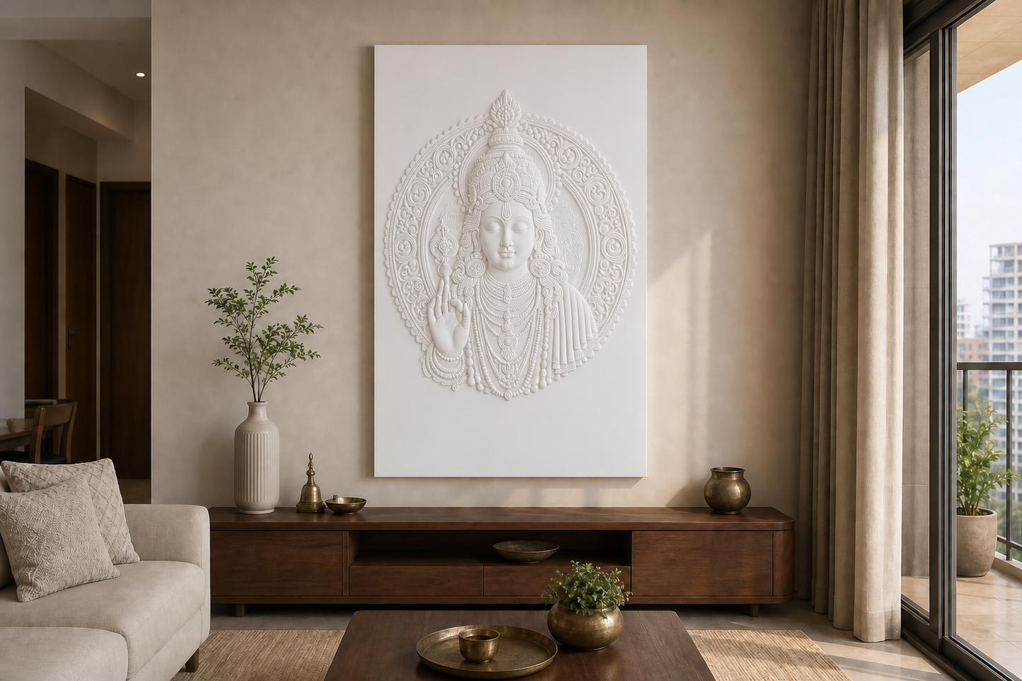 Blessing Halo white Corian wall panel, front view in a Mumbai home interior visualisation