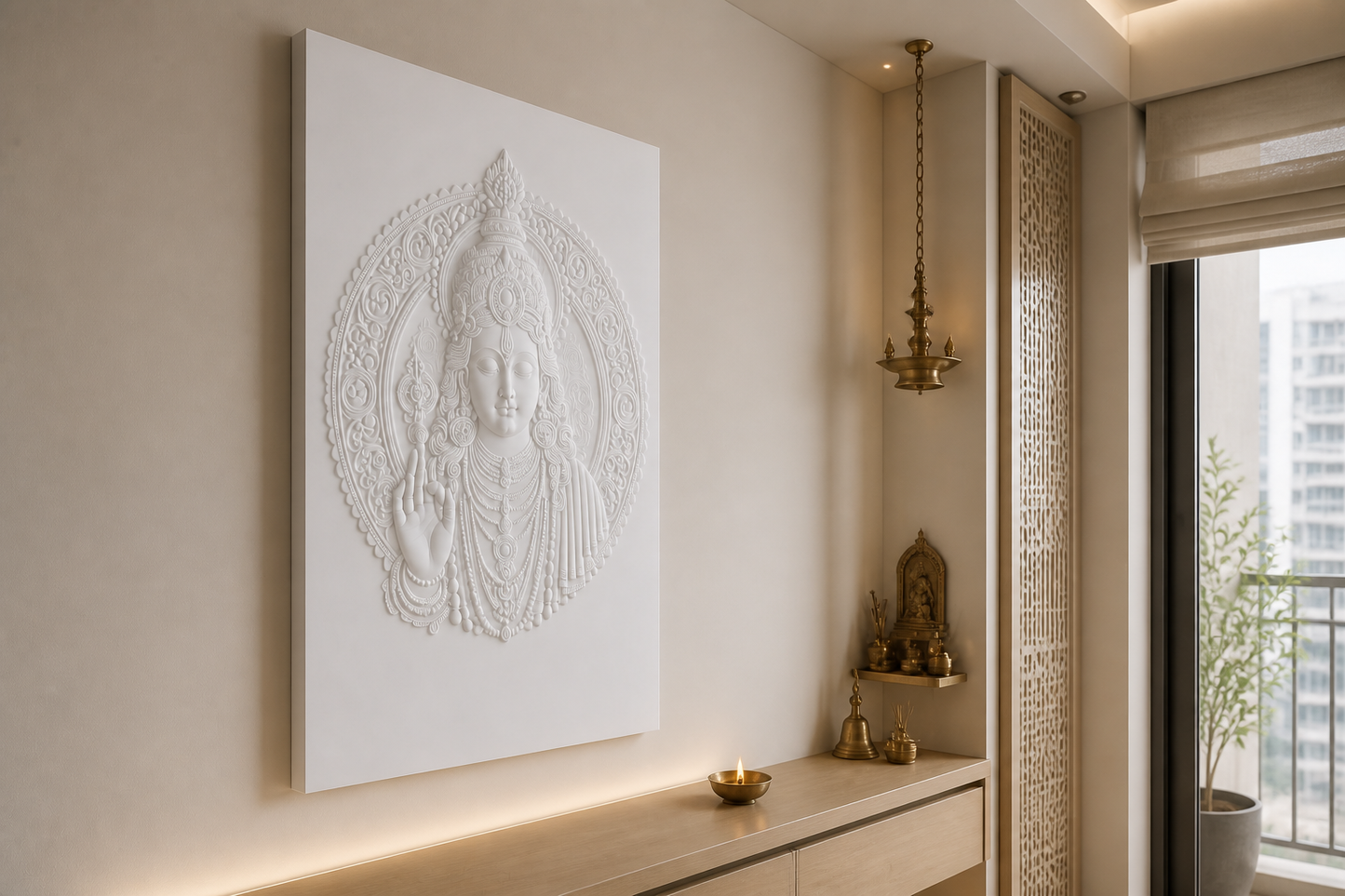 Blessing Halo white Corian wall panel, left angle view in a Mumbai home interior visualisation