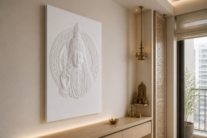 Blessing Halo white Corian wall panel, left angle view in a Mumbai home interior visualisation
