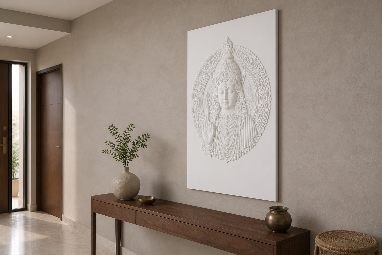 Blessing Halo white Corian wall panel, right angle view in a Mumbai home interior visualisation