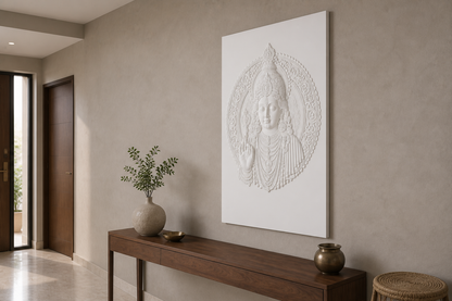 Blessing Halo white Corian wall panel, right angle view in a Mumbai home interior visualisation