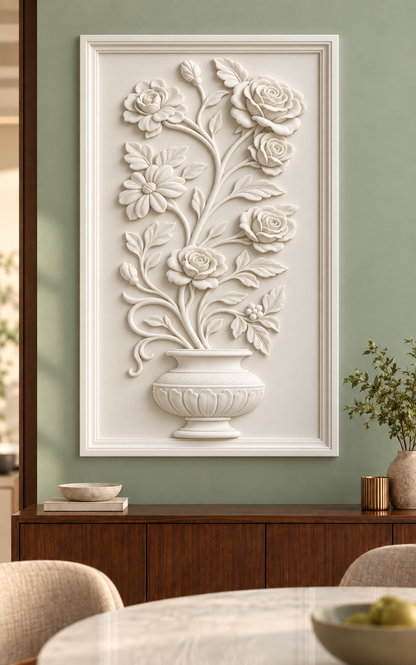 Blooming Urn Scroll Corian wall panel, 2.5 x 4 ft, front view in a dining nook