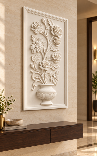 Blooming Urn Scroll Corian wall panel, 2.5 x 4 ft, left view in an entrance foyer