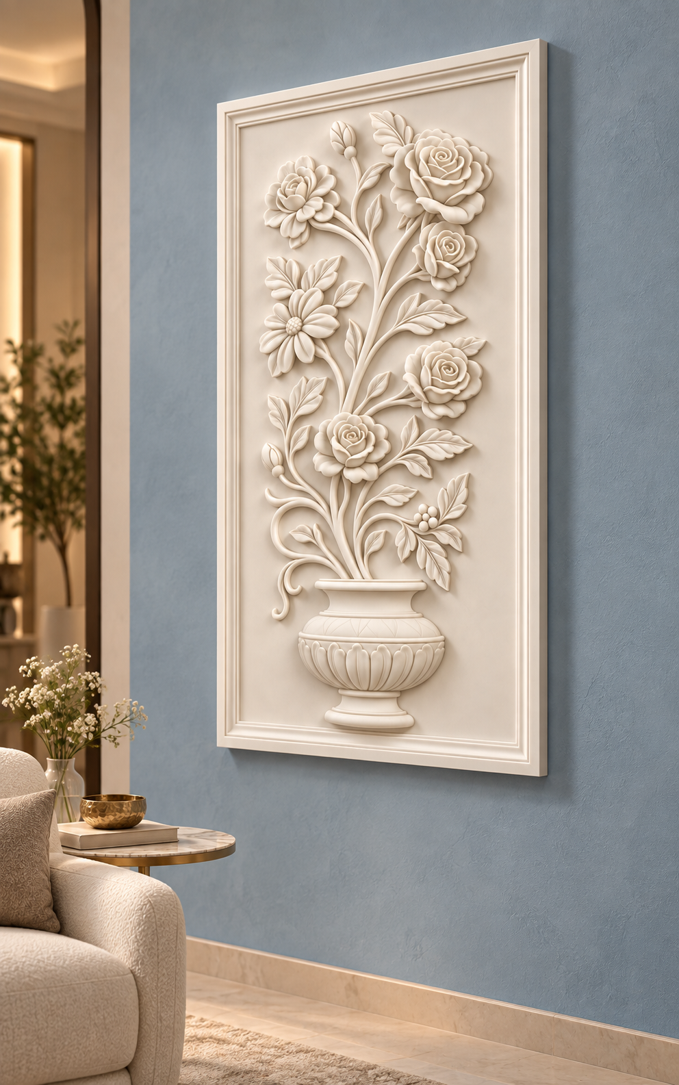 Blooming Urn Scroll Corian wall panel, 2.5 x 4 ft, right view in a formal lounge