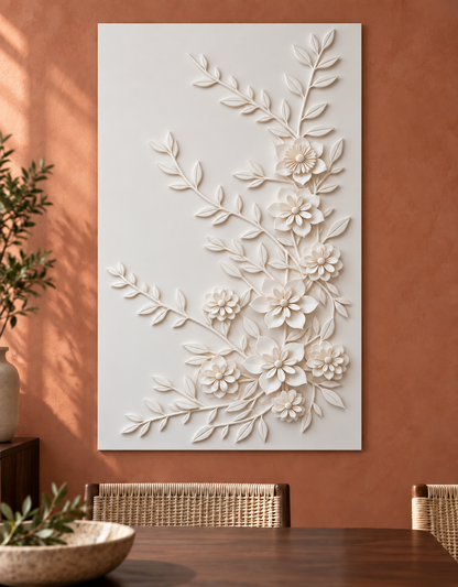 Blossom Branch Cascade Corian wall panel, front view in a Mumbai dining room feature wall; AI-assisted concept visualisation