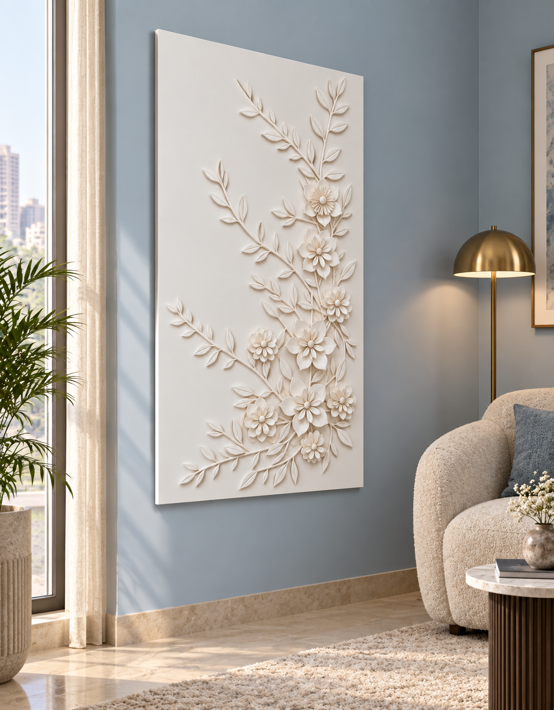 Blossom Branch Cascade Corian wall panel, left view in a Mumbai bedroom lounge corner; AI-assisted concept visualisation
