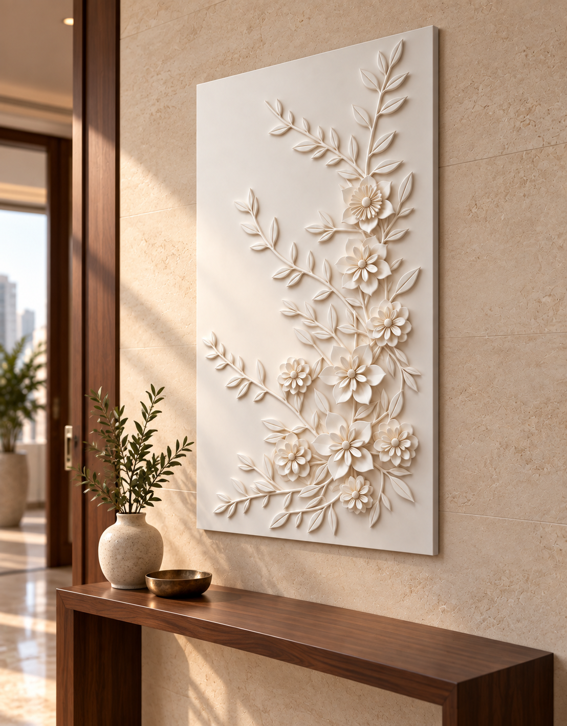 Blossom Branch Cascade Corian wall panel, right view in a Mumbai entrance foyer; AI-assisted concept visualisation