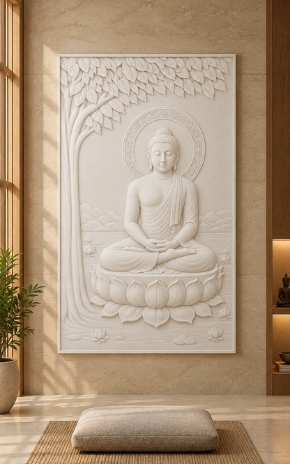 Bodhi Lotus Buddha Corian wall panel, 2.5 x 4 ft, front view in a meditation room