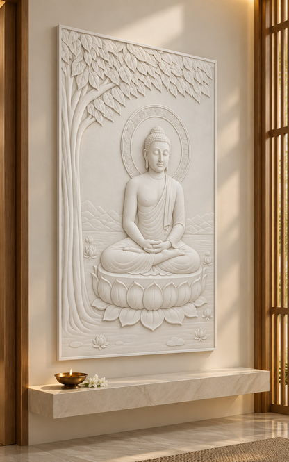 Bodhi Lotus Buddha Corian wall panel, 2.5 x 4 ft, left view in a prayer room