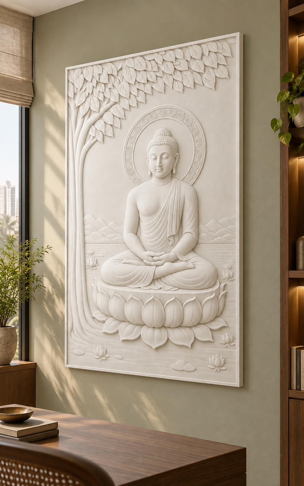 Bodhi Lotus Buddha Corian wall panel, 2.5 x 4 ft, right view in a quiet study