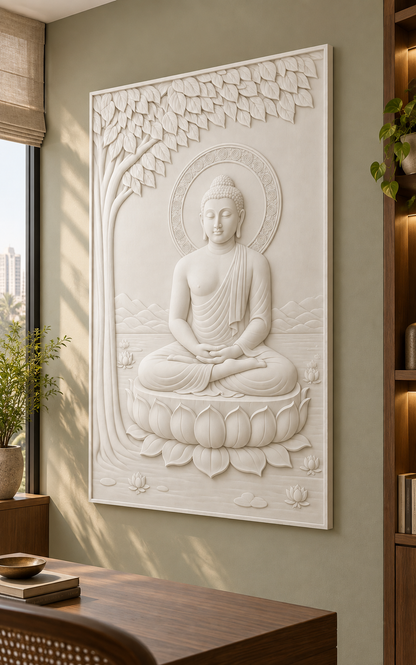 Bodhi Lotus Buddha Corian wall panel, 2.5 x 4 ft, right view in a quiet study