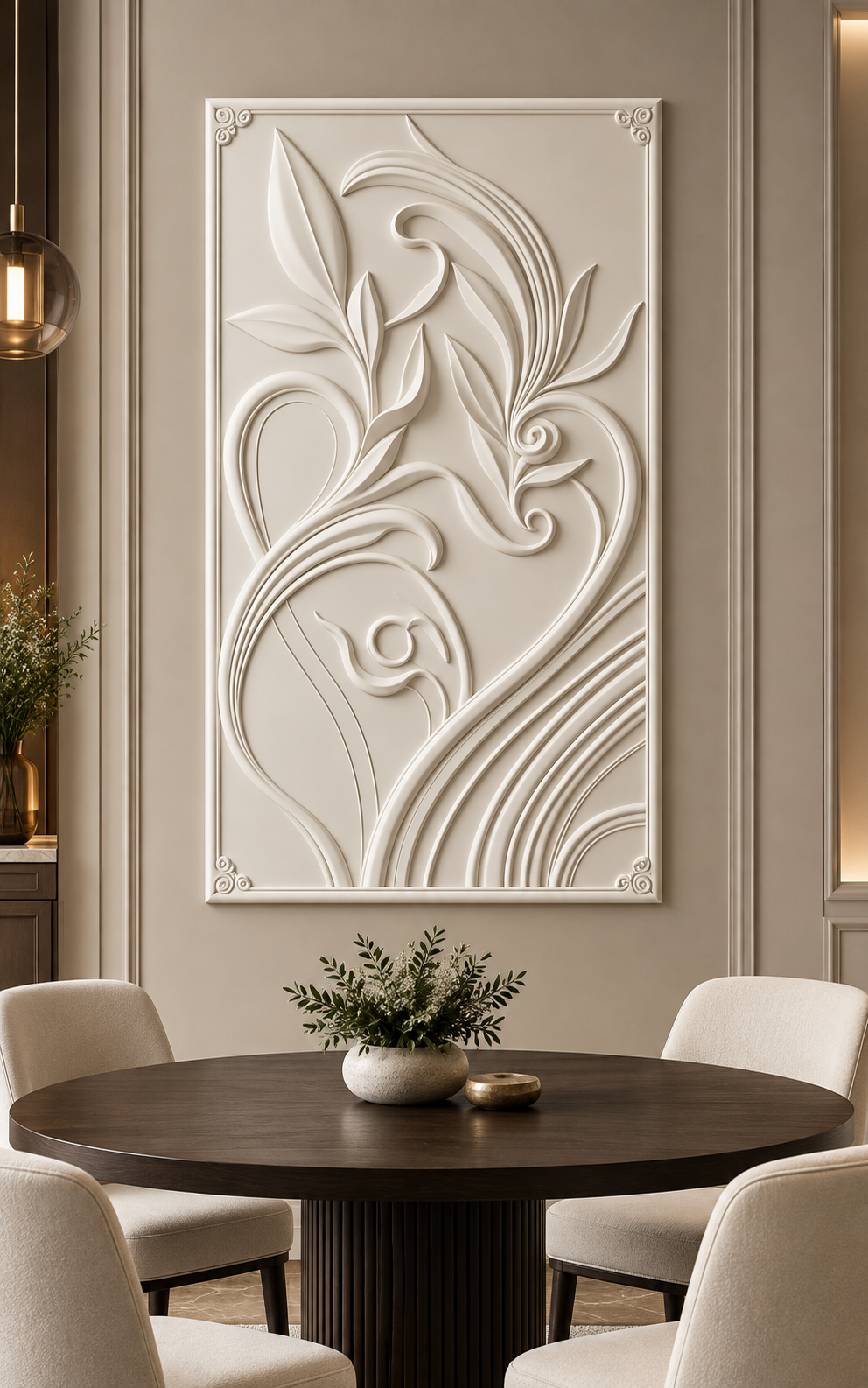 Botanical Ribbon Flourish Corian wall panel, front view in a Mumbai apartment dining room, showing its satin white shallow relief.