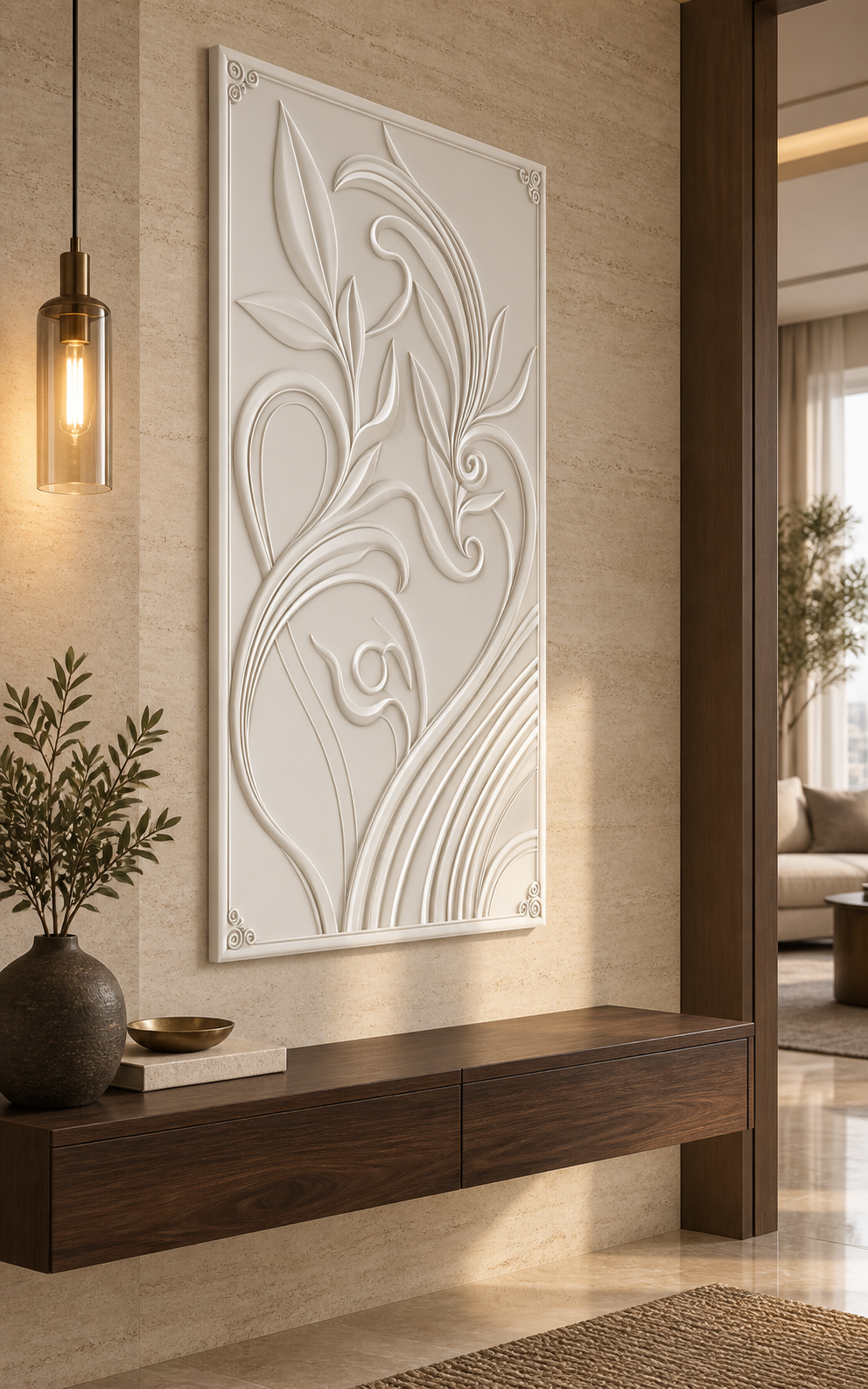 Botanical Ribbon Flourish Corian wall panel, left view in a Mumbai entry foyer, showing its satin white shallow relief.