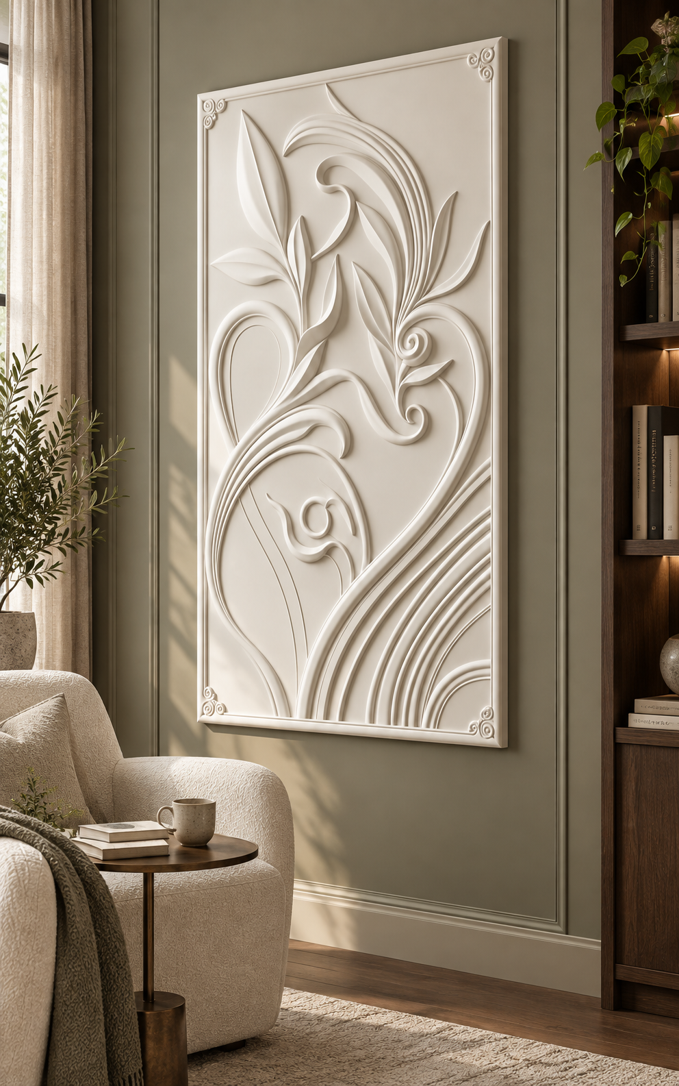Botanical Ribbon Flourish Corian wall panel, right view in a Mumbai living-room reading alcove, showing its satin white shallow relief.