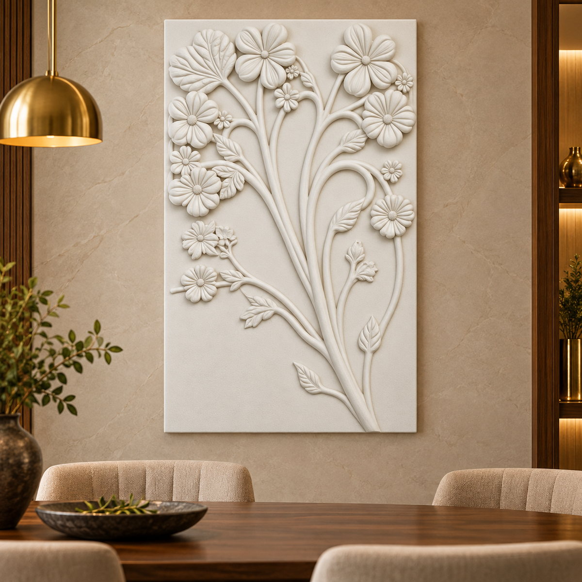 Branching Blossom Bouquet Corian wall panel, front view in a Mumbai dining room accent wall; AI-assisted concept visualisation