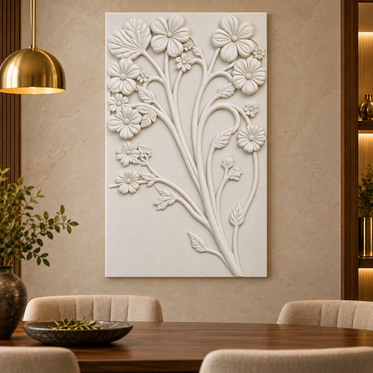 Branching Blossom Bouquet Corian wall panel, front view in a Mumbai dining room accent wall; AI-assisted concept visualisation