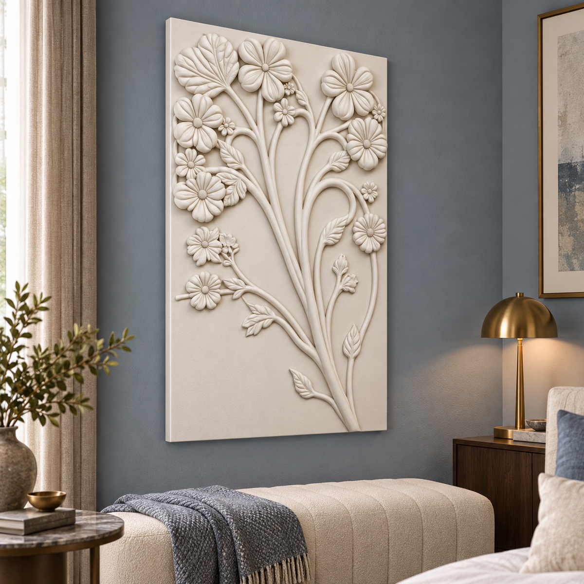 Branching Blossom Bouquet Corian wall panel, left view in a Mumbai bedroom lounge; AI-assisted concept visualisation