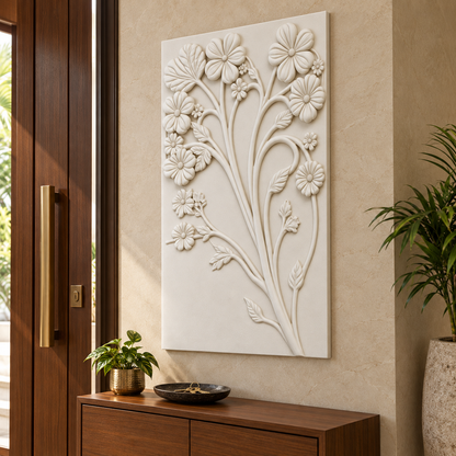 Branching Blossom Bouquet Corian wall panel, right view in a Mumbai entrance foyer; AI-assisted concept visualisation