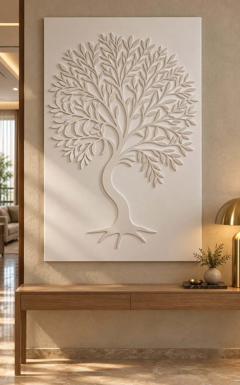 Branching Canopy Tree Corian wall panel, front view in a Mumbai entrance foyer; AI-assisted concept visualisation