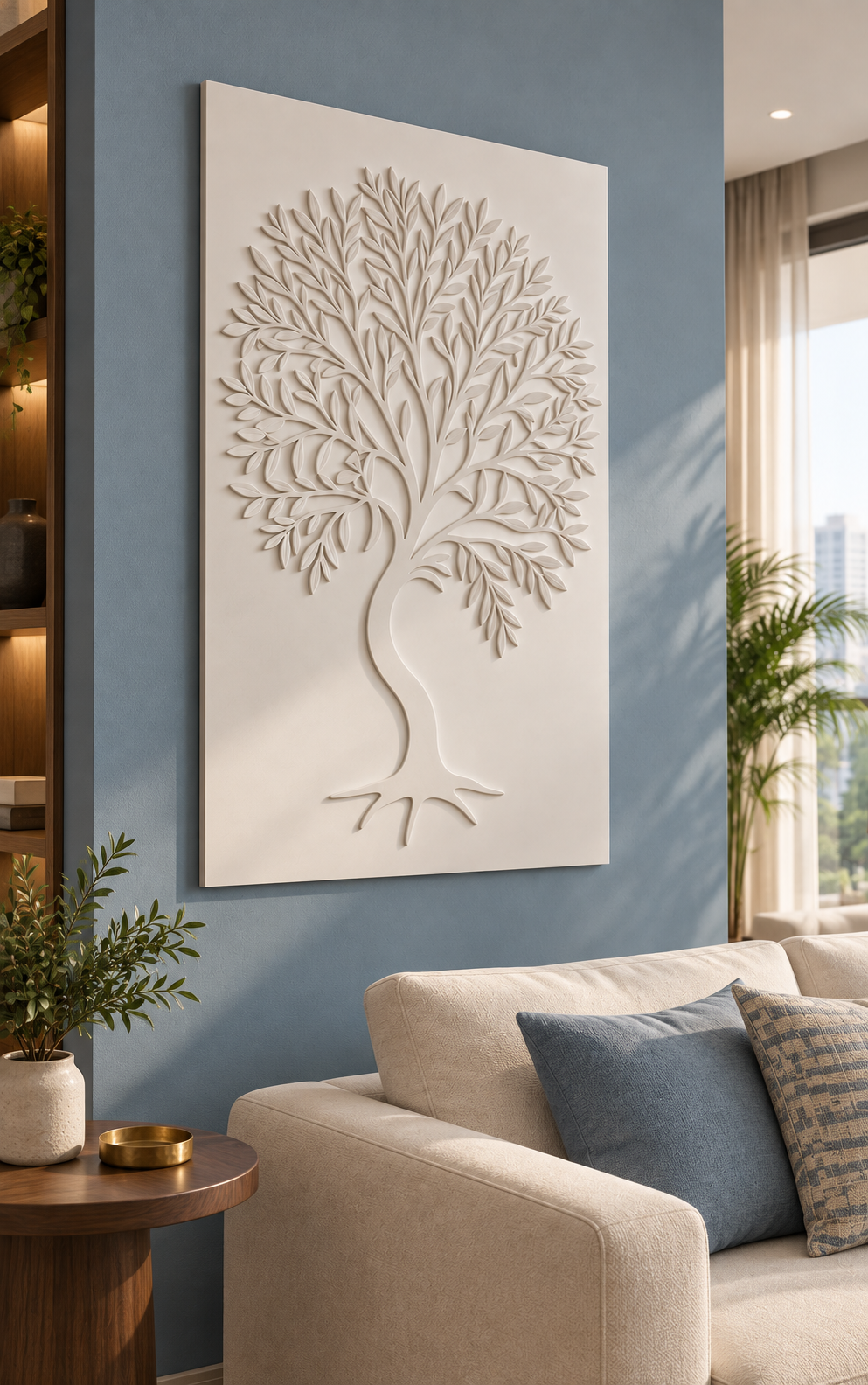 Branching Canopy Tree Corian wall panel, left view in a Mumbai family living room; AI-assisted concept visualisation