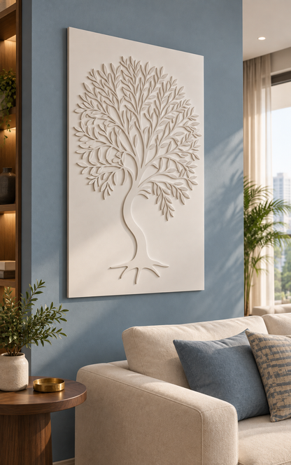 Branching Canopy Tree Corian wall panel, left view in a Mumbai family living room; AI-assisted concept visualisation
