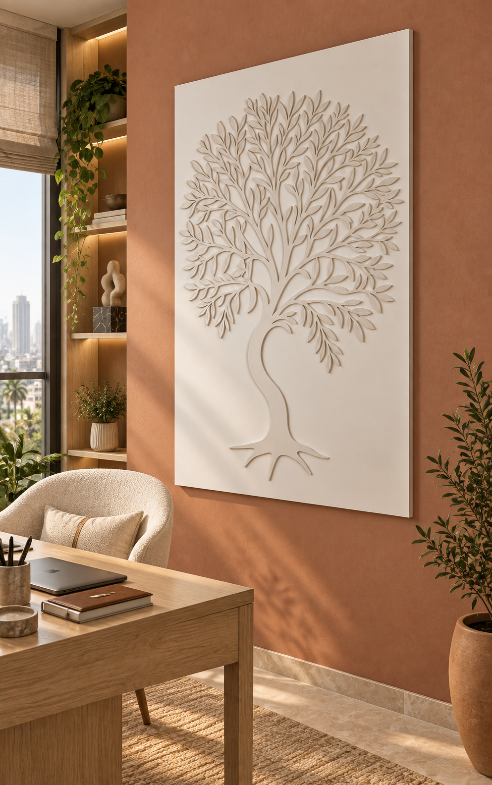 Branching Canopy Tree Corian wall panel, right view in a Mumbai home office lounge; AI-assisted concept visualisation