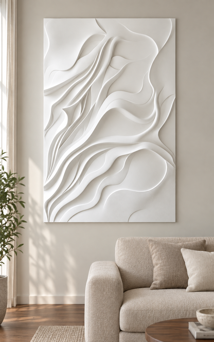 Branching Fold Drift Corian wall panel, front view in a Mumbai modern living room; AI-assisted concept visualisation