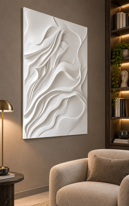Branching Fold Drift Corian wall panel, left view in a Mumbai home library seating area; AI-assisted concept visualisation