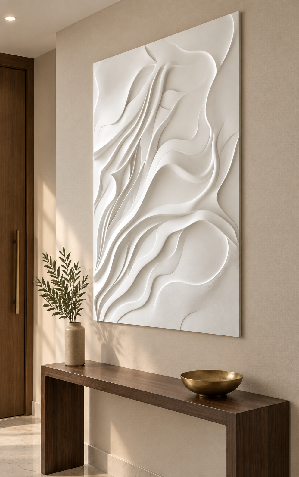 Branching Fold Drift Corian wall panel, right view in a Mumbai entrance lobby; AI-assisted concept visualisation