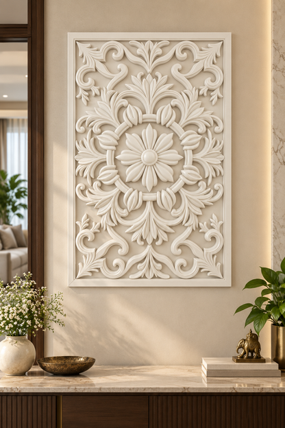 Bud Bound Floral Ring Corian wall panel, front view on an entrance console wall in a Mumbai home; AI-assisted concept visualisation