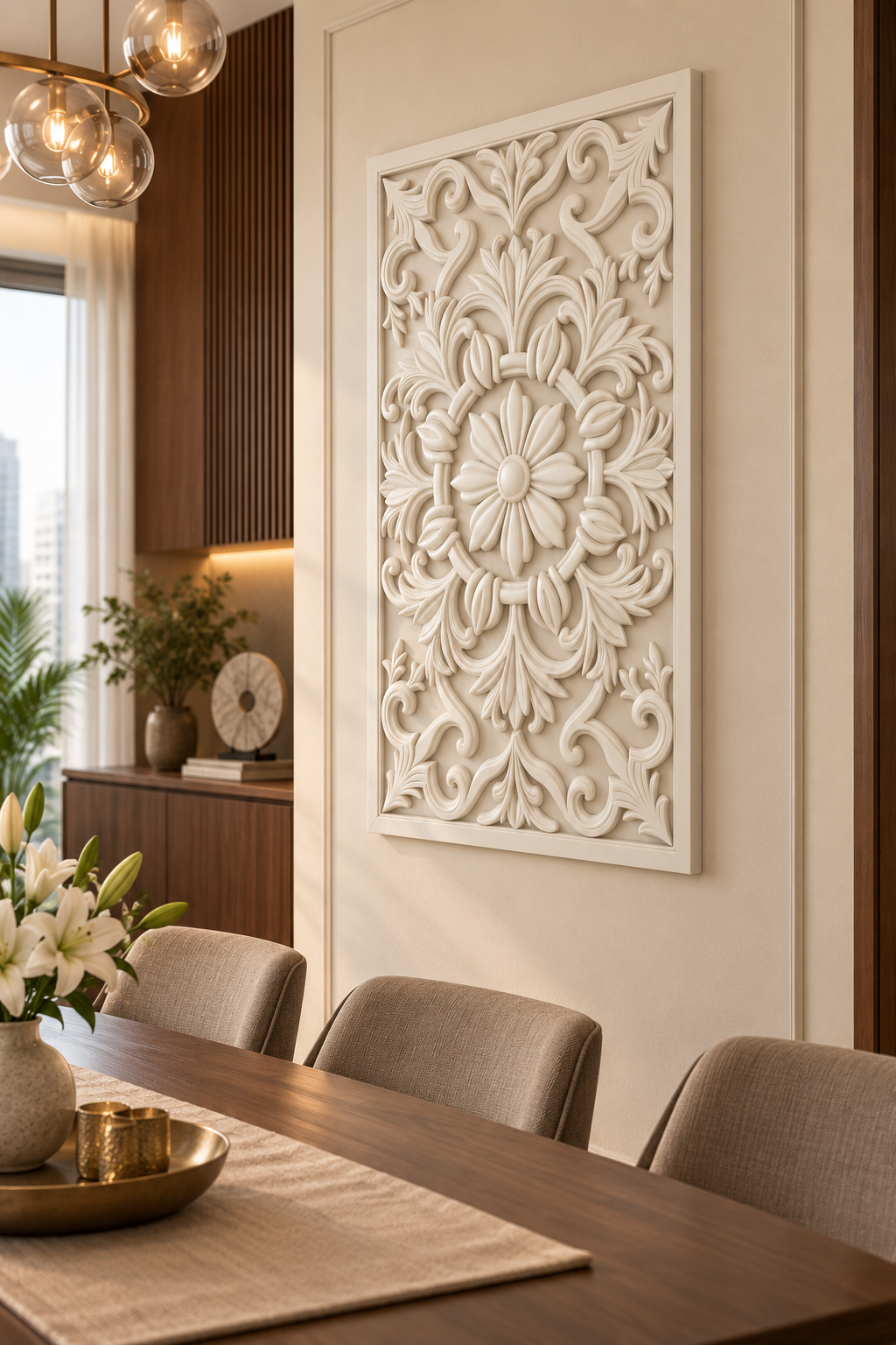 Bud Bound Floral Ring Corian wall panel, right view on a dining room display wall in a Mumbai home; AI-assisted concept visualisation
