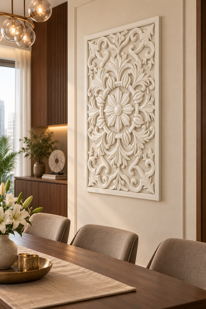 Bud Bound Floral Ring Corian wall panel, right view on a dining room display wall in a Mumbai home; AI-assisted concept visualisation