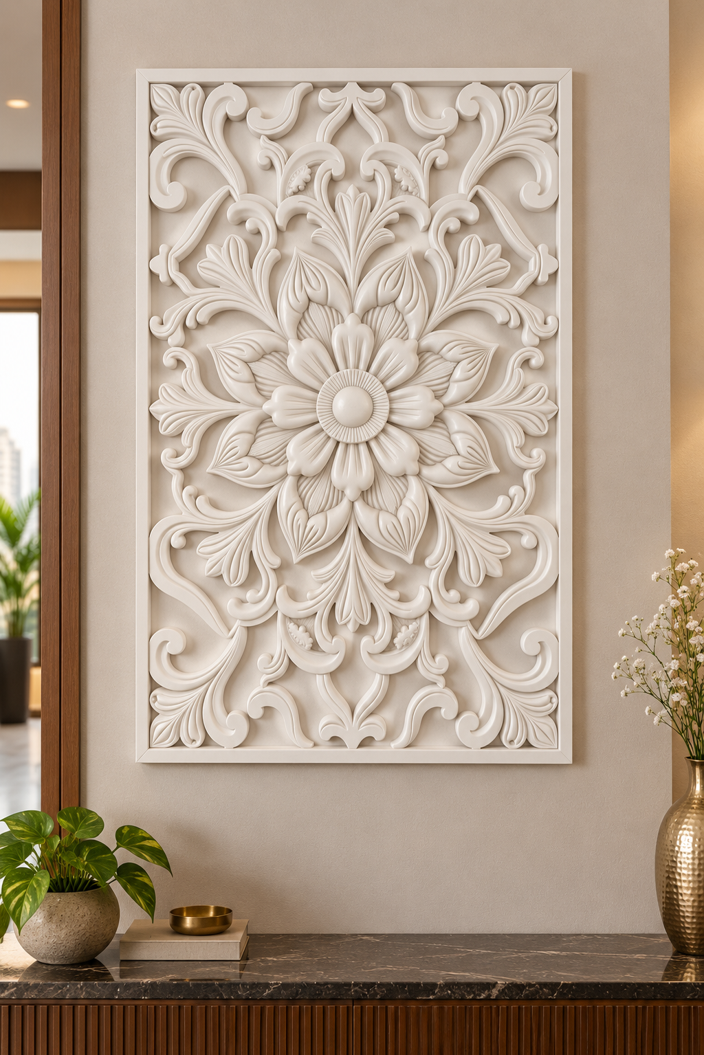 Bud Crown Scroll Blossom Corian wall panel, front view on an entrance foyer wall in a Mumbai home; AI-assisted concept visualisation