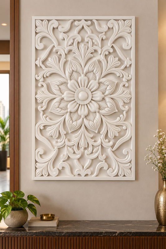 Bud Crown Scroll Blossom Corian wall panel, front view on an entrance foyer wall in a Mumbai home; AI-assisted concept visualisation