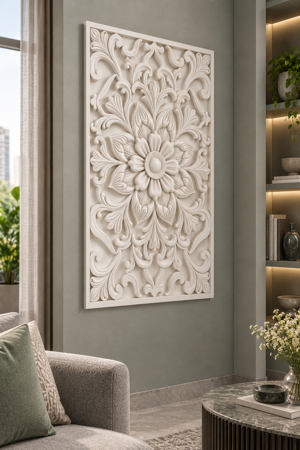 Bud Crown Scroll Blossom Corian wall panel, left view on a living room alcove in a Mumbai home; AI-assisted concept visualisation